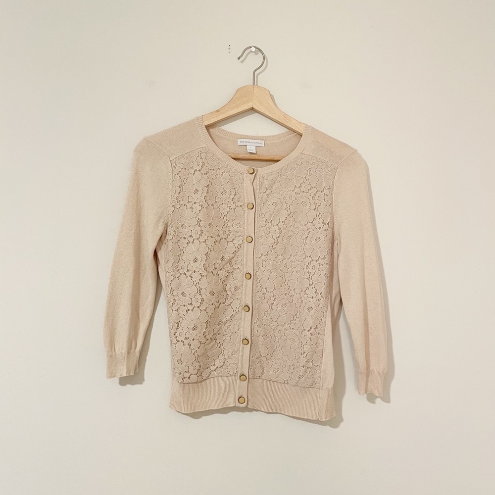 New York & Company Tan Floral Lace Cardigan